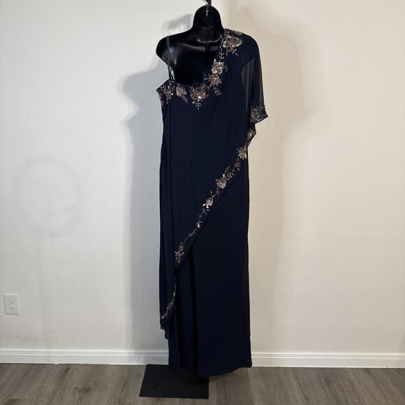NWT ADRIANNA PAPELL Blue One Shoulder Sequin Trim Overlay Jumpsuit - Size 14 - Picture 3 of 9
